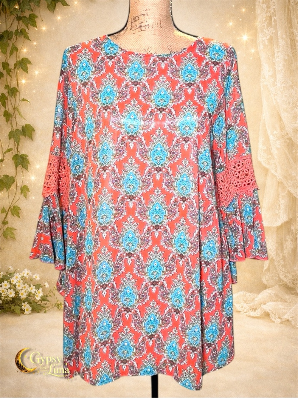 Lady Noiz Boho Coral Bell Sleeve Mini Dress
